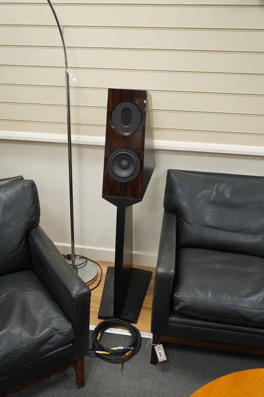 A pair of Kaiser Acoustics Kawero Chiara loudspeakers, made in Germany, high density plywood cabinets and integrated stands, with the fronts in the rosewood finish, 116cm high, the base; 30cm x 47cm, together with two fl